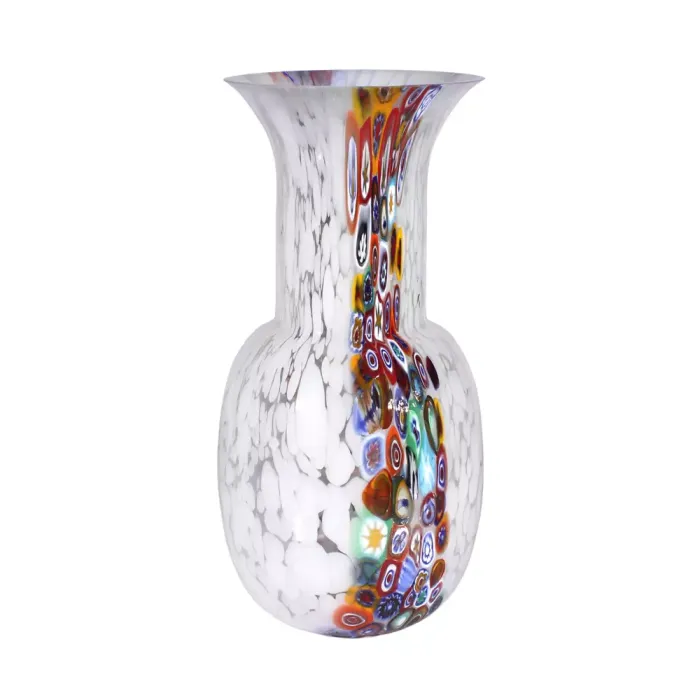 Blanc vaso in vetro soffiato con macchie e murrine multicolor Belvetro murano