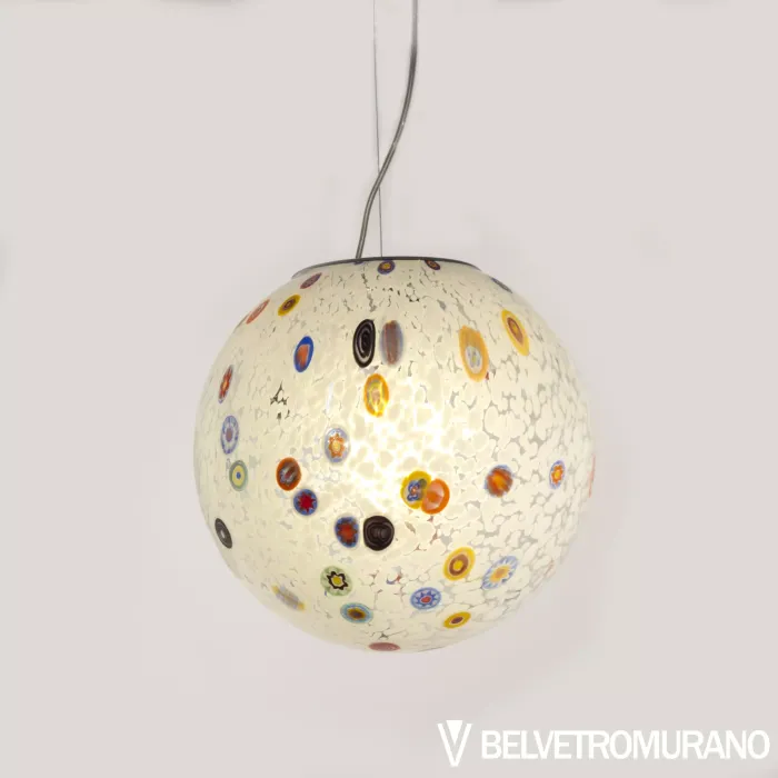 Caly sospensione con sfera in cristallo con decoro a macchie e murrine Belvetro murano